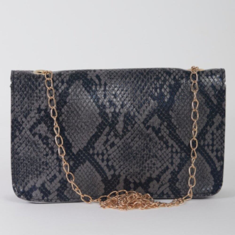 Gray Faux Snake Leather Metal Rings Gold Chain Crossbody Bag - Picture 4 of 14